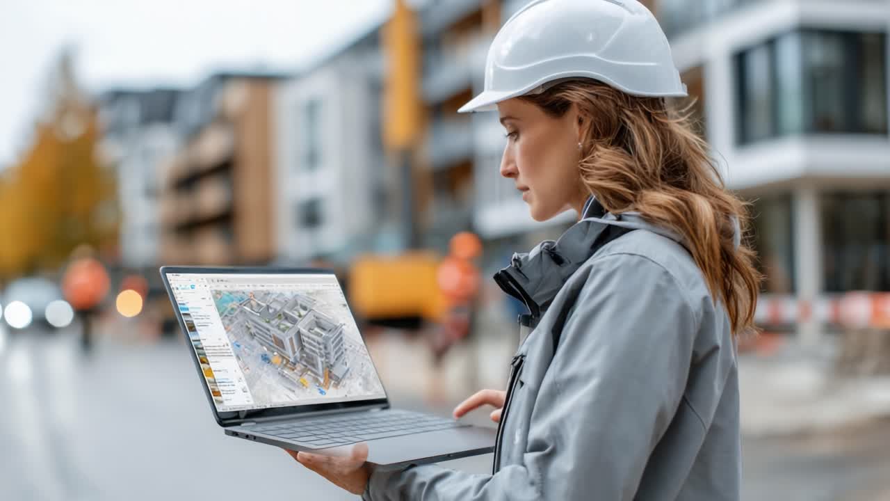 A construction professional wearing a hard hat analyzes building plans on a laptop at a bustling job site, showcasing a perfect blend of technology and engineering in action