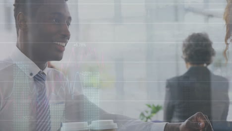 animation of financial data processing over african american businessman in office