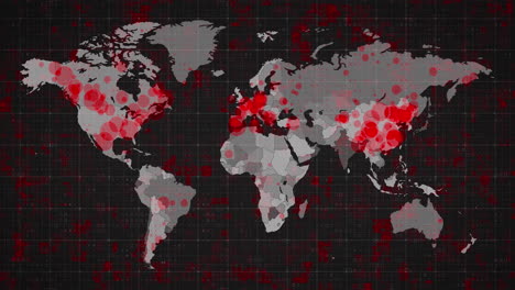 animation of the world map and countries turning red through circles in a dark background