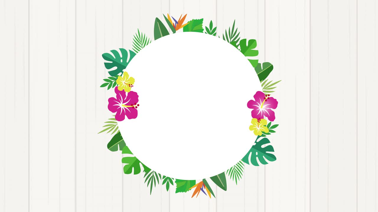 열대 잎, 식물적 장식. 중앙에 회전하는 꽃 원 (백색 나무 배경)