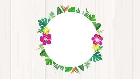 tropical leaves, botanical decoration. flower circle rotating in the center (white wood background)