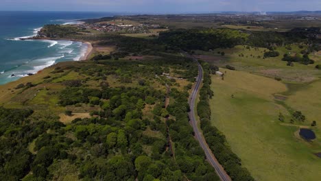 Scenic-Aerial-View-Of-The-Coast-Road---Lennox-Head,-New-South-Wales---drone-shot