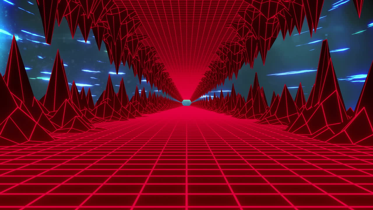 원형으로 움직이는 점 위의 풍경에 있는 그리드 패턴의 3d 모델의 애니메이션