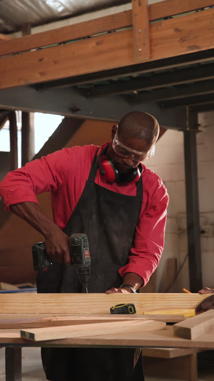 Vertical video: African American man following tape marking, drilling hole at workbench