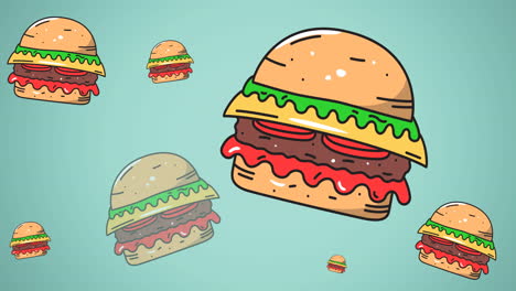 animación de varios iconos de hamburguesas sobre un fondo verde
