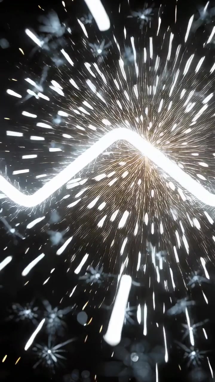 Video verticale: Filamento luminoso a zigzag pulsante che emette scintille e scie nel vuoto, bagliori stellari.