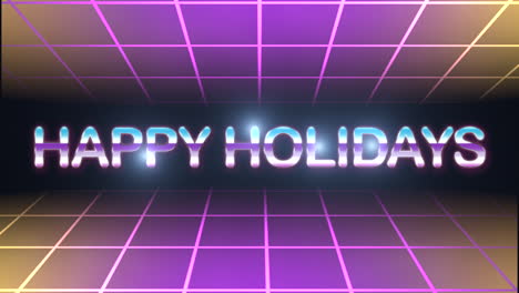 vintage 80s happy holidays amidst neon grid & glittering galaxy