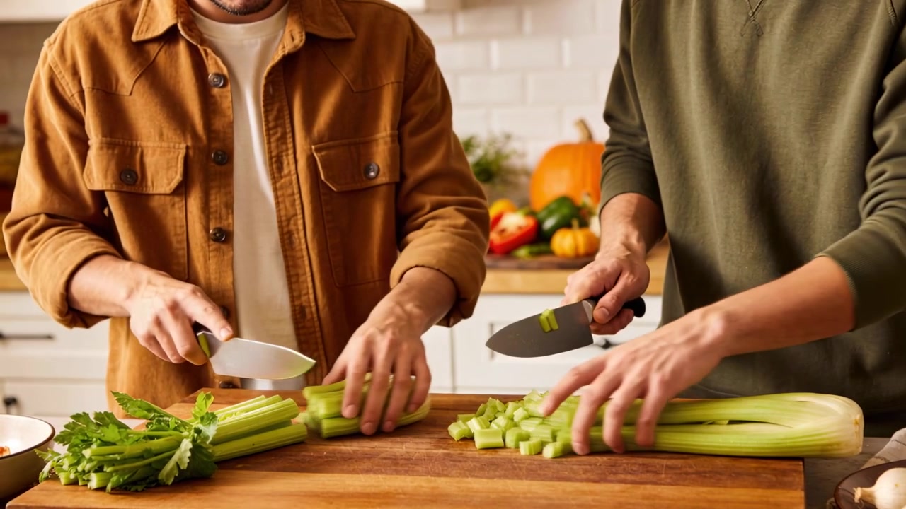 Starting left cutting, right dicing celery at home on board, wearing brown jacket and green top