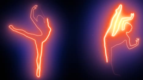 abstract neon dancing ballerinas outlined silhouettes video background shameless loop 4k. animation of glowing laser imagery of dancers outlines.