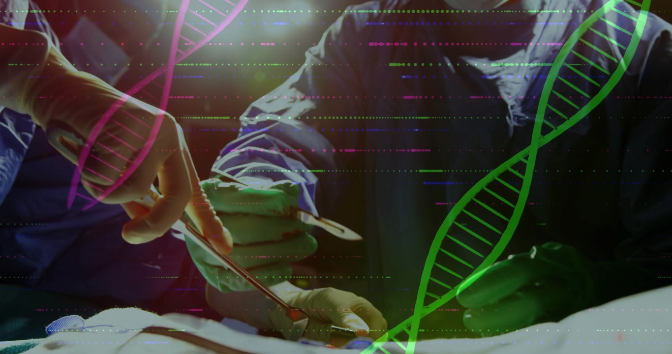 Medical surgeon making scalpel cut, assistant passing clip, DNA helix overlaying, repairing tissue