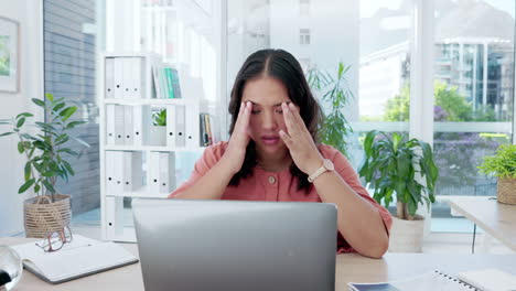 Burnout,-laptop-and-headache-with-asian-woman