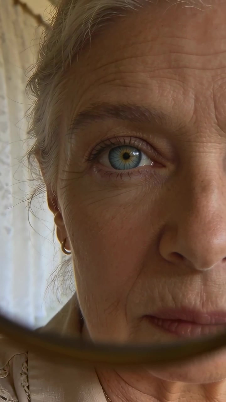 Video verticale: Donna anziana che muove una lente d'ingrandimento sull'occhio destro a casa, controllando la pelle.