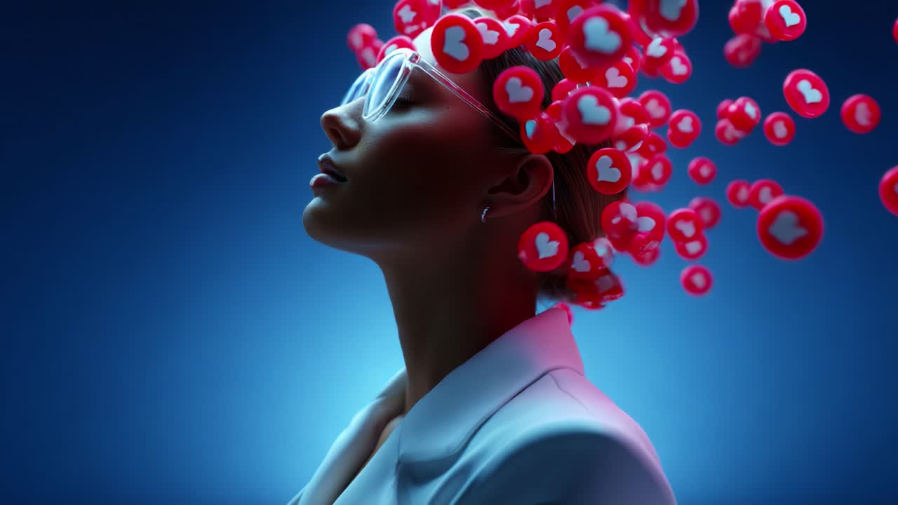 Exploring the Influence of Digital Connections: A Visual Journey into the Mind of a Woman Surrounded by Floating Love Icons, Representing Social Media Engagement and Emotional Responses