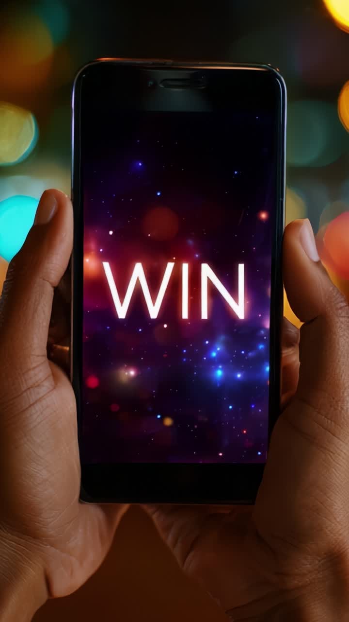 Exciting moment captured in a video where a person holds a phone displaying the word 'WIN', surrounded by colorful, sparkling lights and a vibrant atmosphere