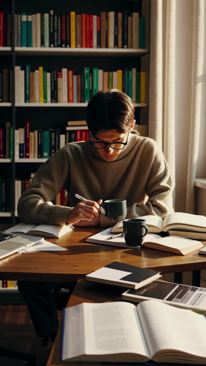 Koselig studiescene fanget fra en sidevinkel, med en person som leser og nipper til kaffe