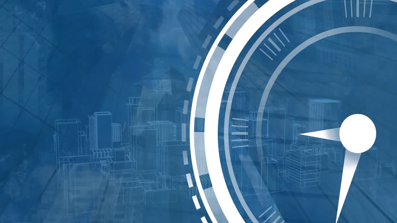 Animation of digital clock over 3d model of buildings and low angle view of buildings