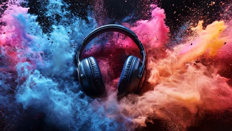 a pair of headphones is in the middle of a colorful explosion of smoke. the headphones are surrounded by a cloud of blue, red, and orange smoke, creating a vibrant and dynamic scene