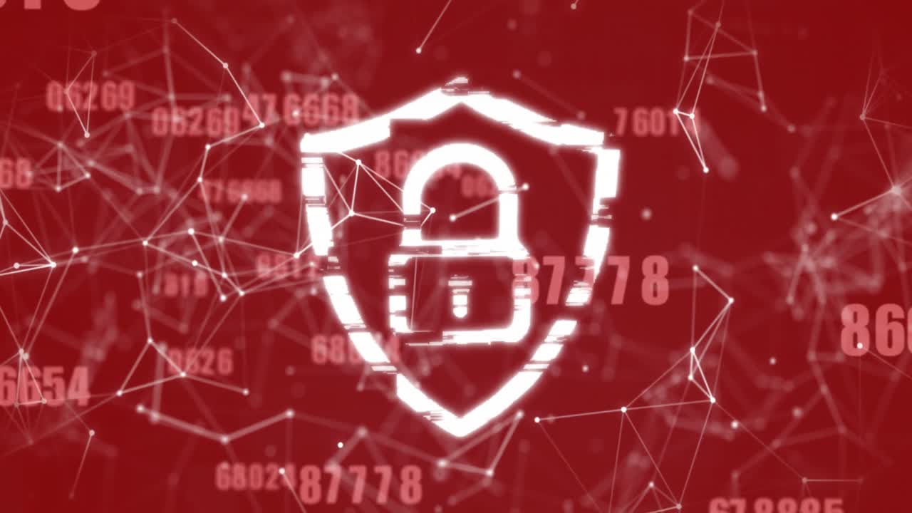 Animation of multiple changing numbers, network of connections, security padlock on red background
