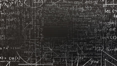 Digital-animation-of-mathematical-equations-and-diagrams-moving-against-black-background