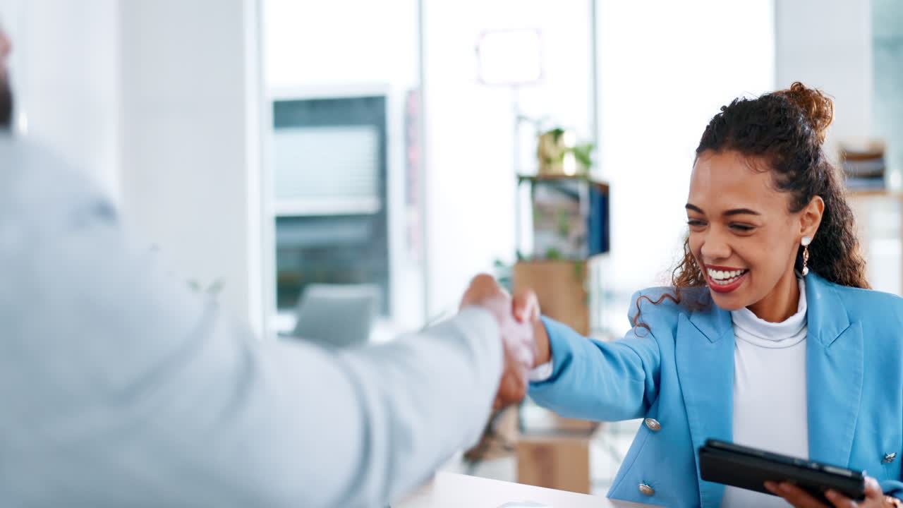 Tablet, handshake and business woman welcome