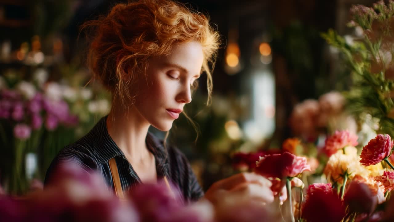A Tender Moment in Floral Wonderland: A Contemplative Woman Engaged in Arranging Flowers Amidst Vibrant Bouquets and Soft Lighting, Capturing the Essence of Nature's Beauty
