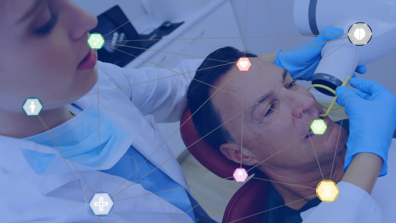 animación de redes de conexiones con iconos sobre el hombre en la silla del dentista