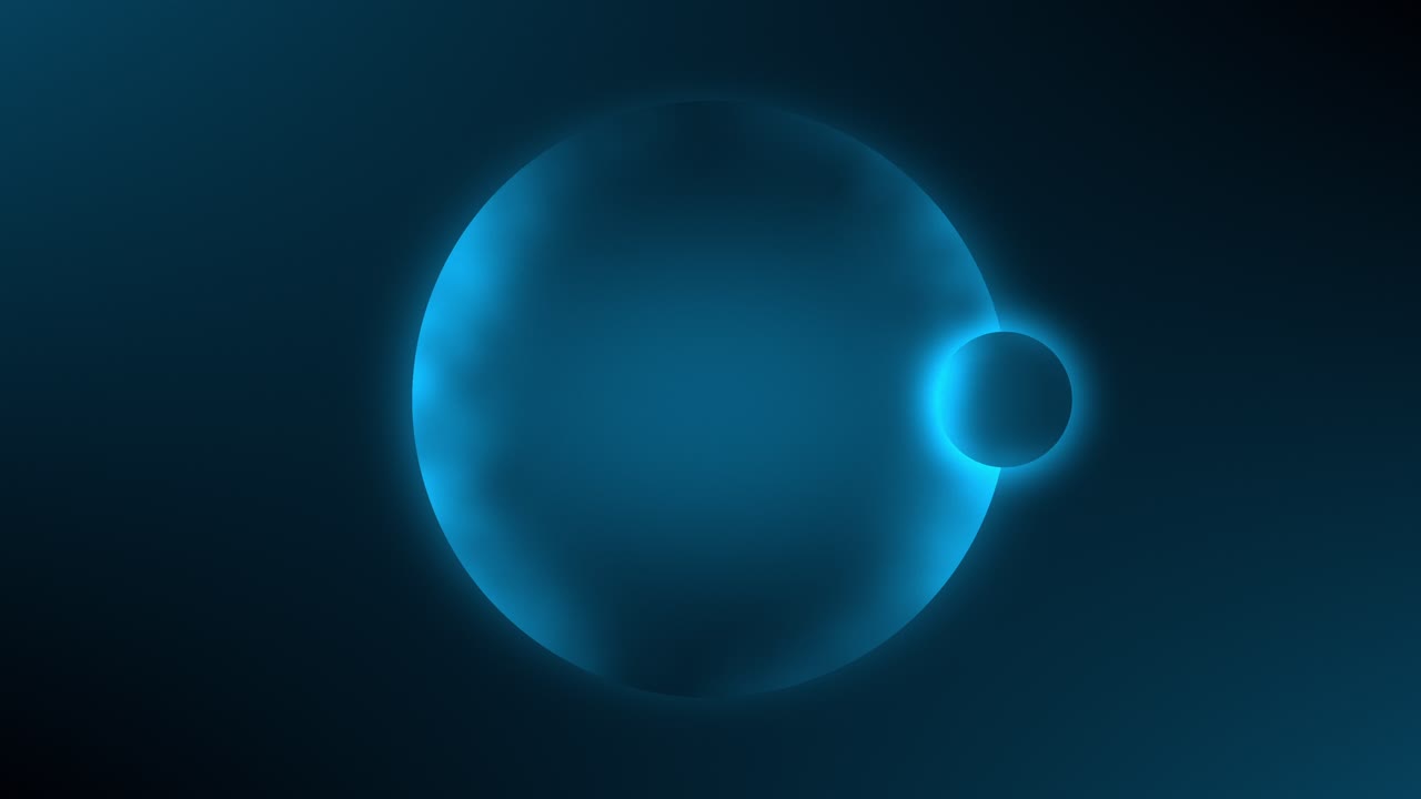 A glowing animation loop of a teal-colored planet drifts in darkness as a smaller moon circles it, while their soft halos pulsing to create a calm, cosmic rhythm of light and motion