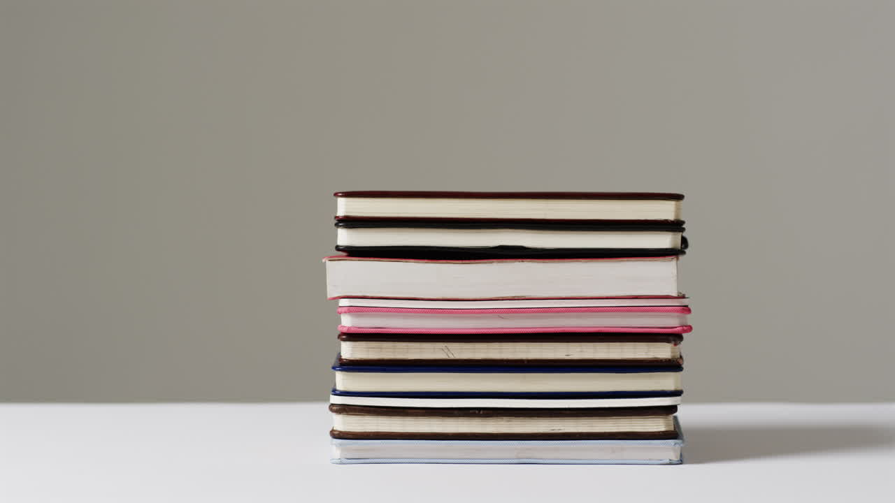 cerca de la pila de libros en el fondo gris, en cámara lenta