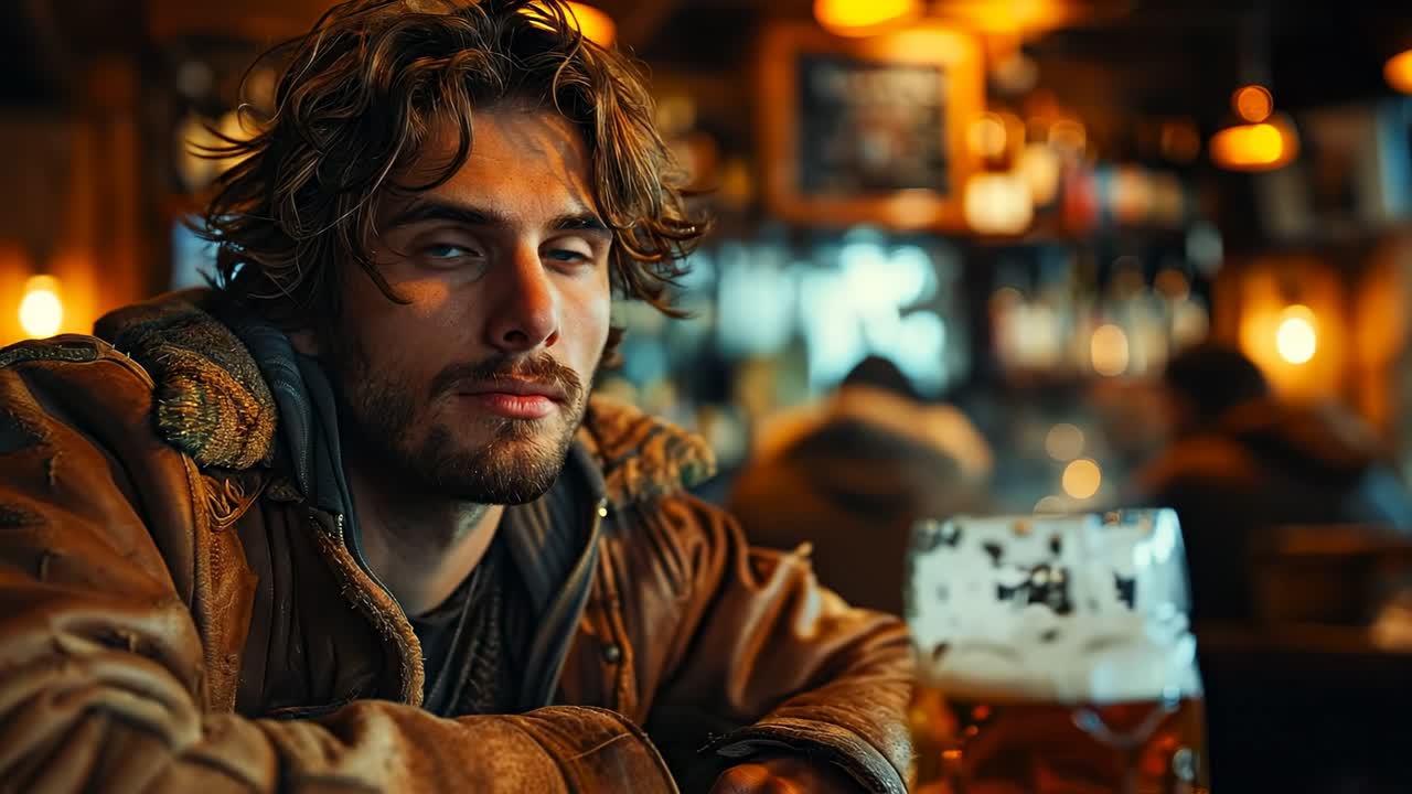 Giovane uomo si gode un drink in un bar. Un giovane uomo è seduto al bancone del bar con un drink davanti a sé. Sembra pensieroso mentre altri avventori chiacchierano nelle vicinanze.