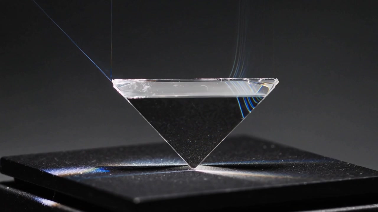 Laser striking thread-suspended glass prism making blue-gold bands on lab bench revealing speckles