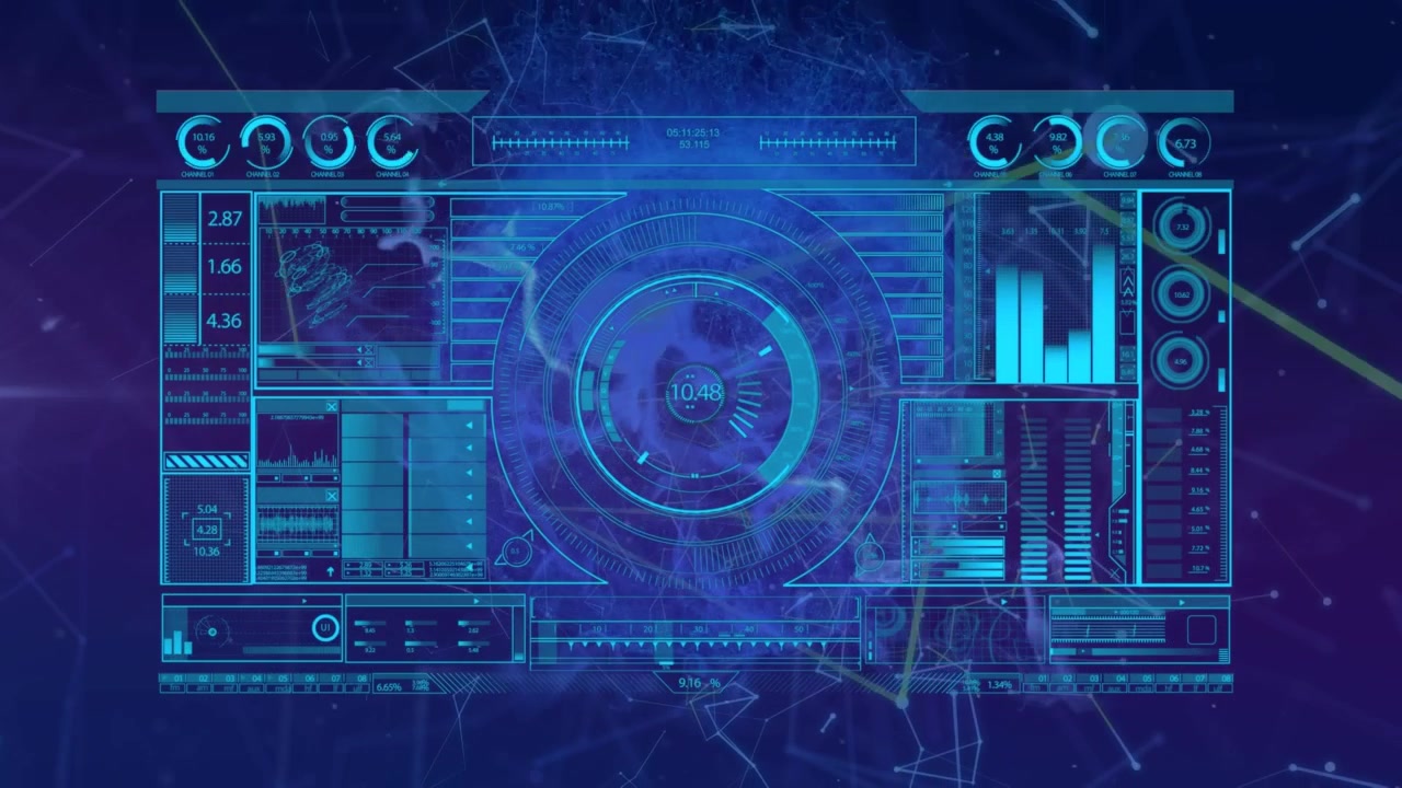 Futuristic Digital Interface with Data Visualization and Network Connections
