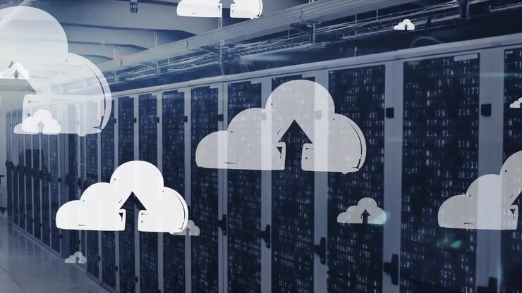 Animation of cloud upload icons floating over data processing and mosaic squares against server room