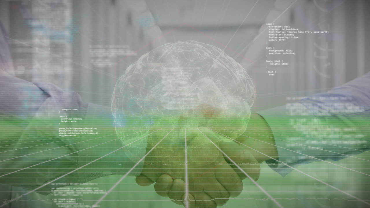 인간 뇌의 애니메이션과 비즈니스맨의 손잡이와 컴퓨터 서버를 통해 데이터 처리