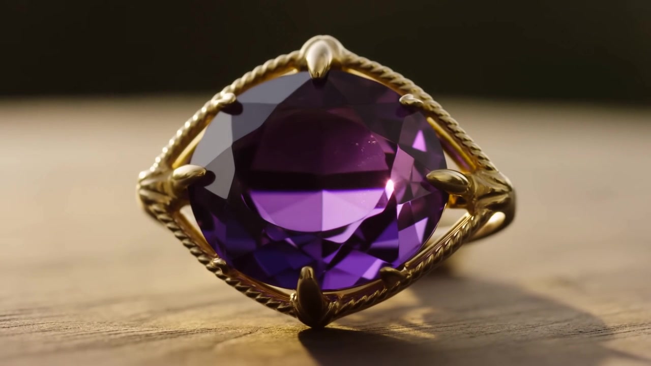 Luce calda che si sposta rivelando un anello d'oro su un tavolo di legno, mostrando sfaccettature di ametista e una montatura a corda.
