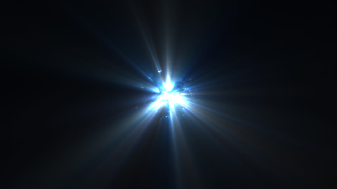 Blue Glowing Energy Orb Emitting Moving Light Rays From Central Point from Darkness. Abstract Energy Flares Shining on Black Background. UFO Alien Style Effect