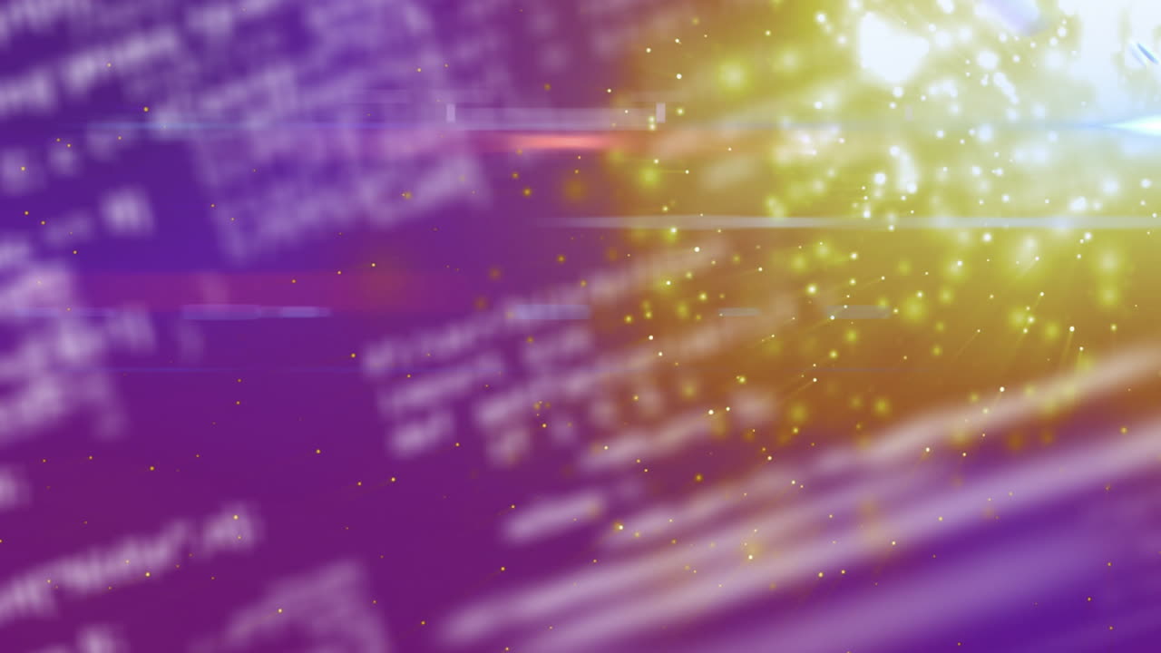 Animation of glowing particles with light burst over text on purple background