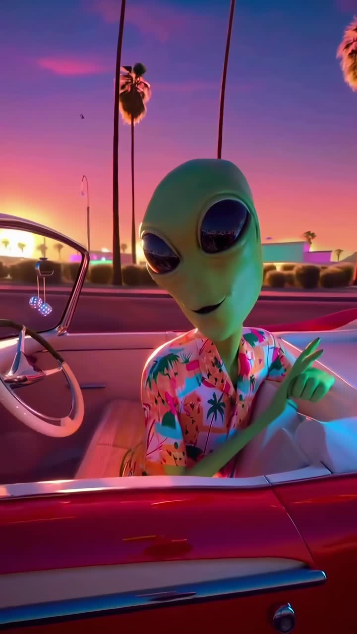 A retro-styled video of an alien in a convertible at sunset, shot from a low angle