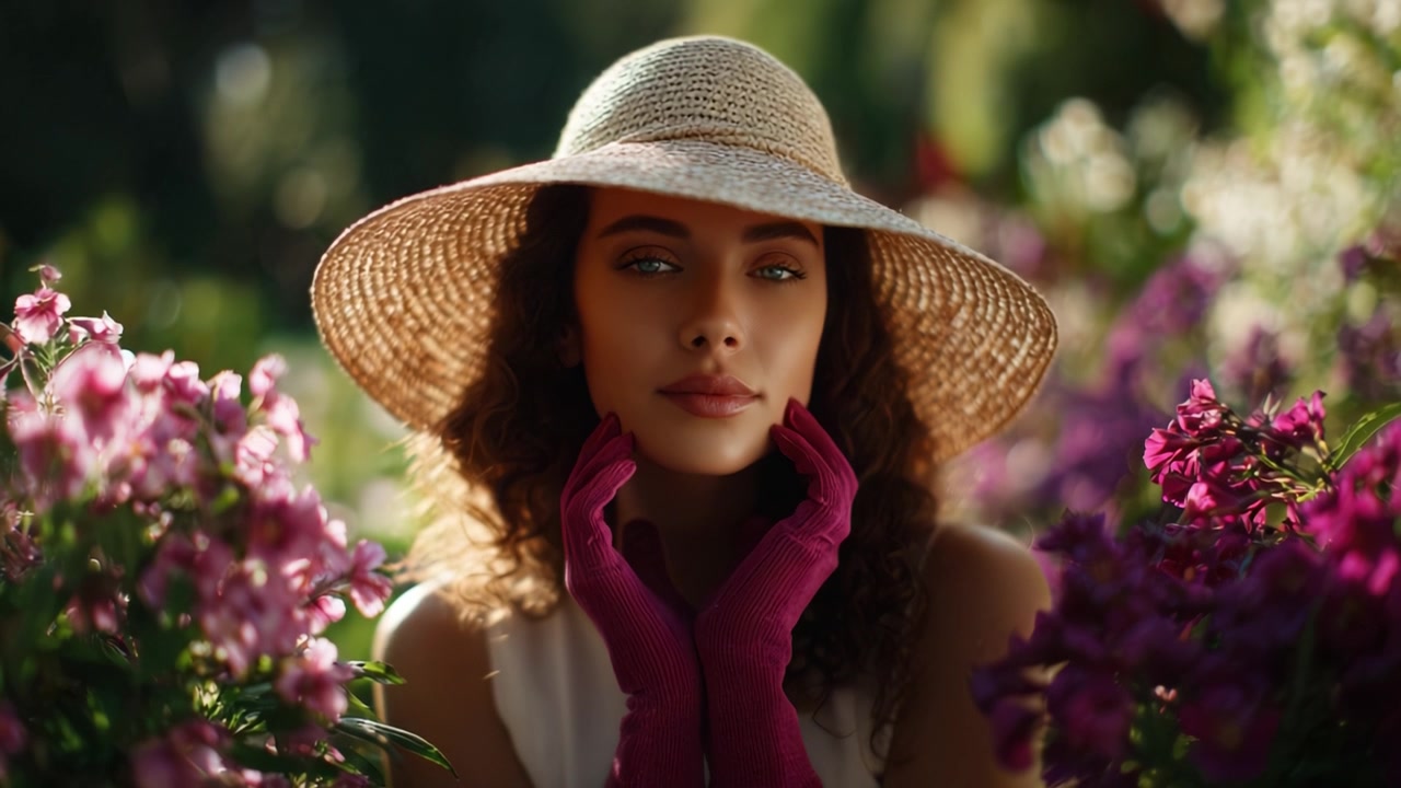Une jeune femme en chapeau de paille entourée de fleurs éclatantes, posant élégamment les mains sur son visage, rayonnant de sérénité et de beauté en pleine nature
