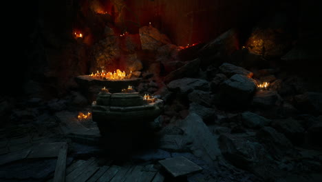 mysterious cave adorned with flickering lights and ancient stone artifacts