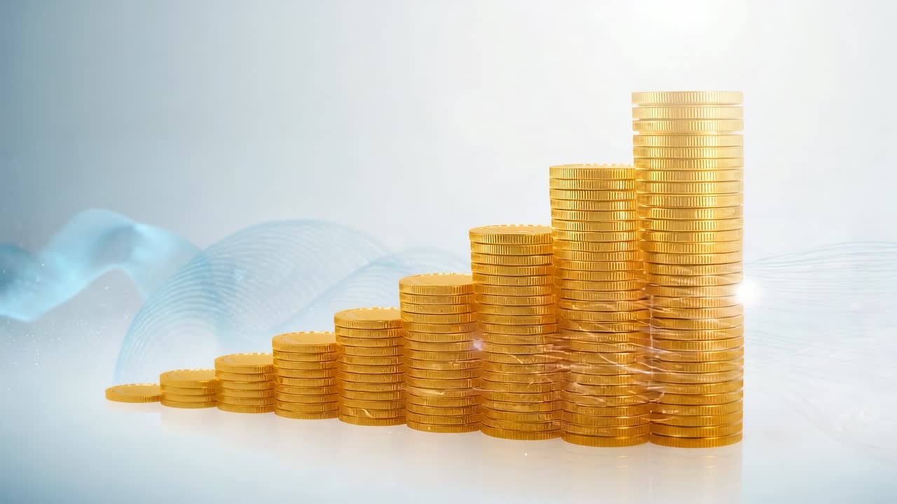 Flowing blue waveform from left behind eight gold coin stacks on white platform adding sparkles