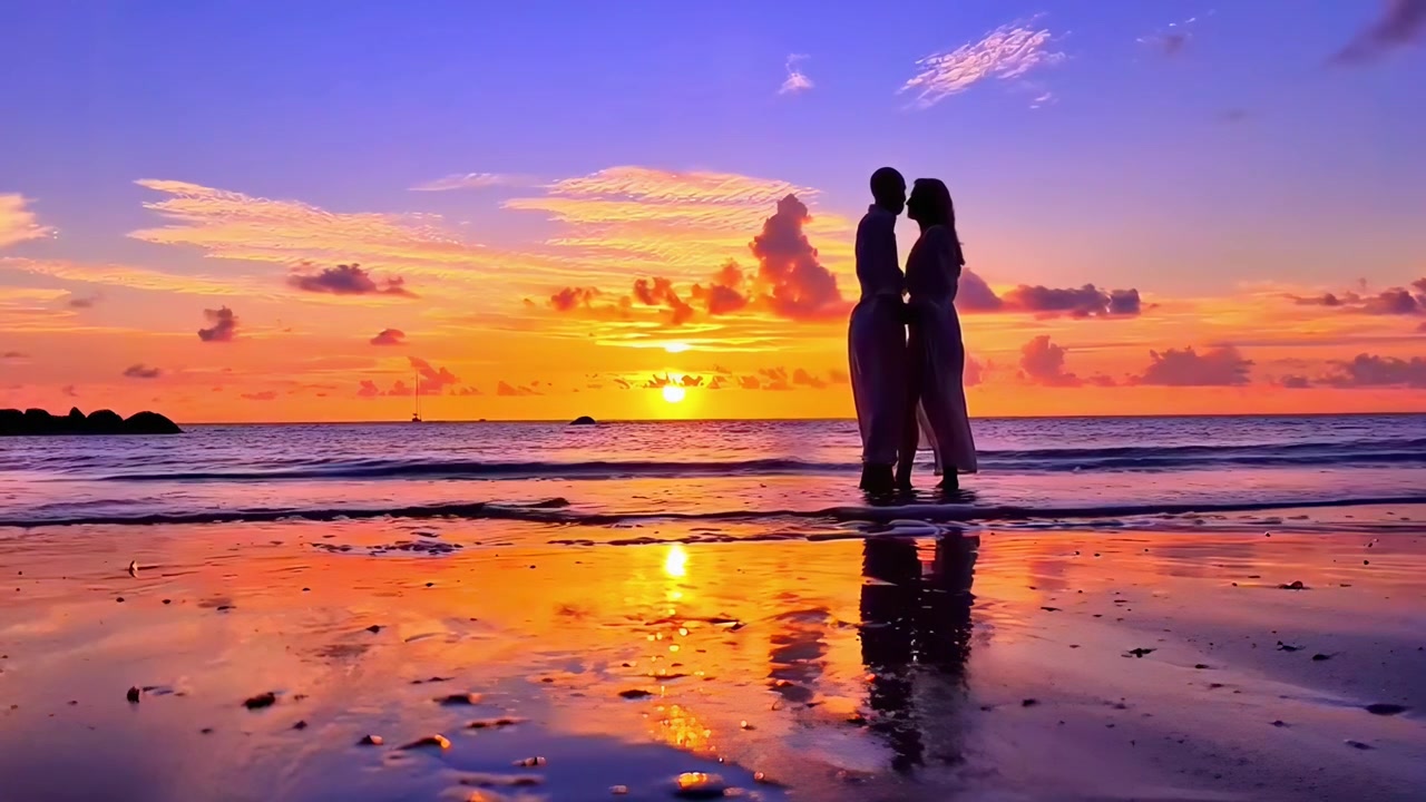 Pasangan Romantis Berpelukan dan Berciuman di Pantai saat Matahari Terbenam