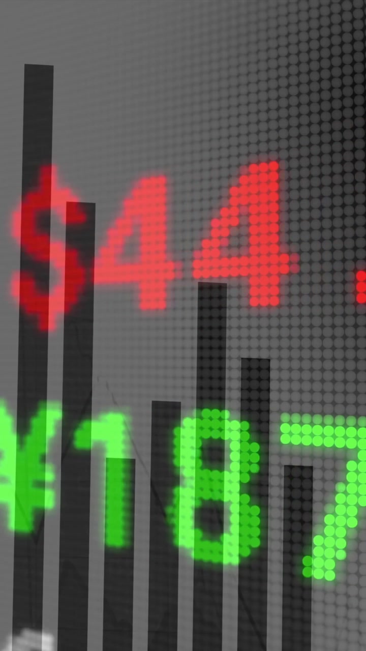 Stock market data animation with bar graphs and numerical values in red and green