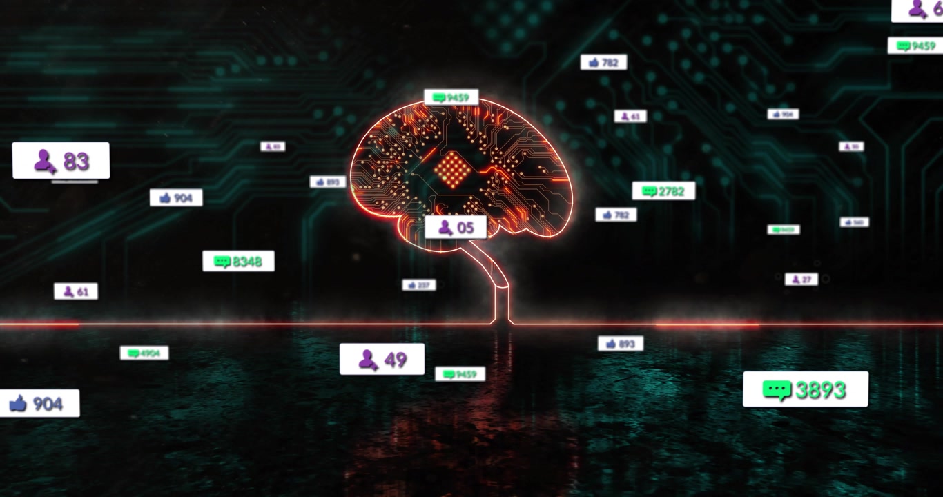 Glowing red line starting neon brain lighting while icons pulsing around rising engagement metrics