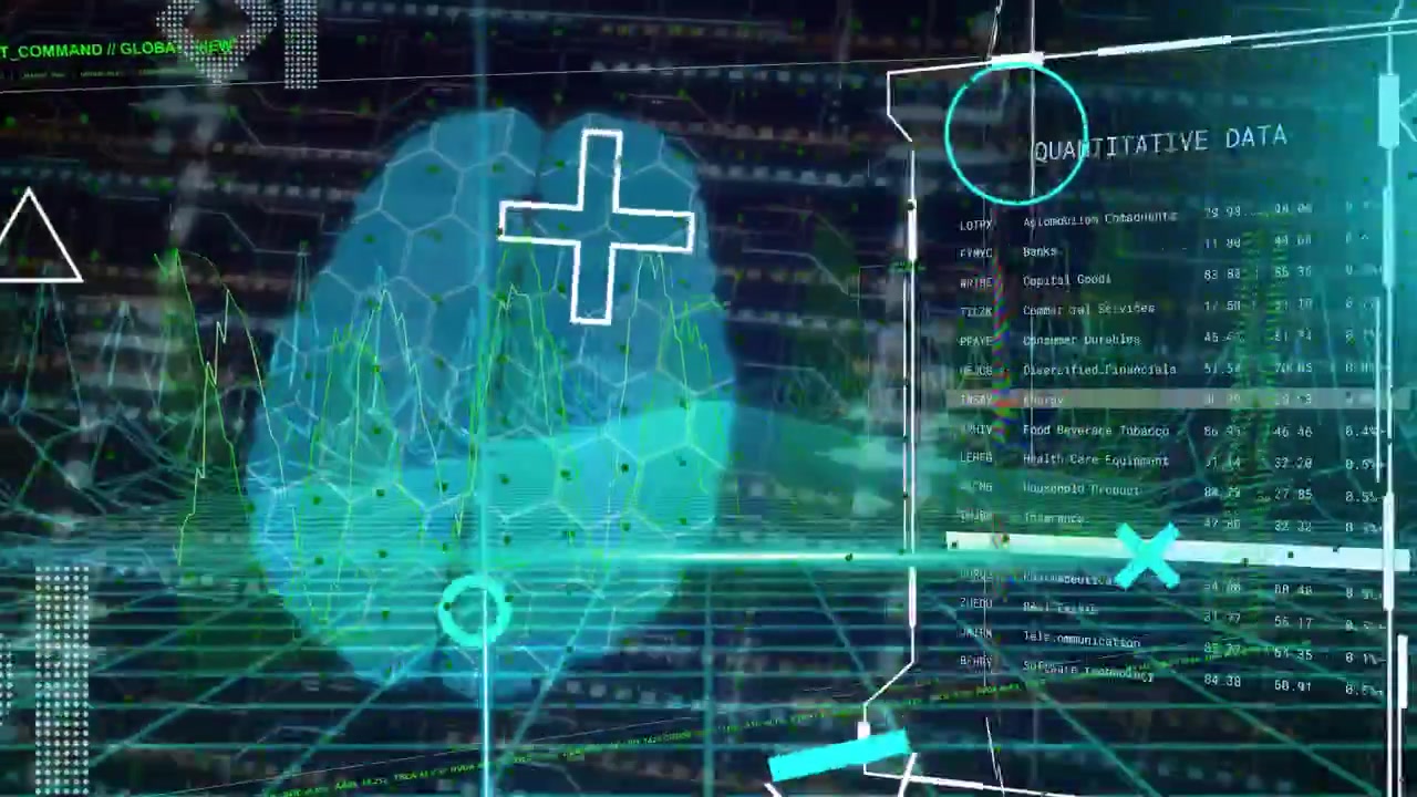 Glitch sweep initiating hexagonal brain rotating, pulsing while HUD panels sliding and showing data