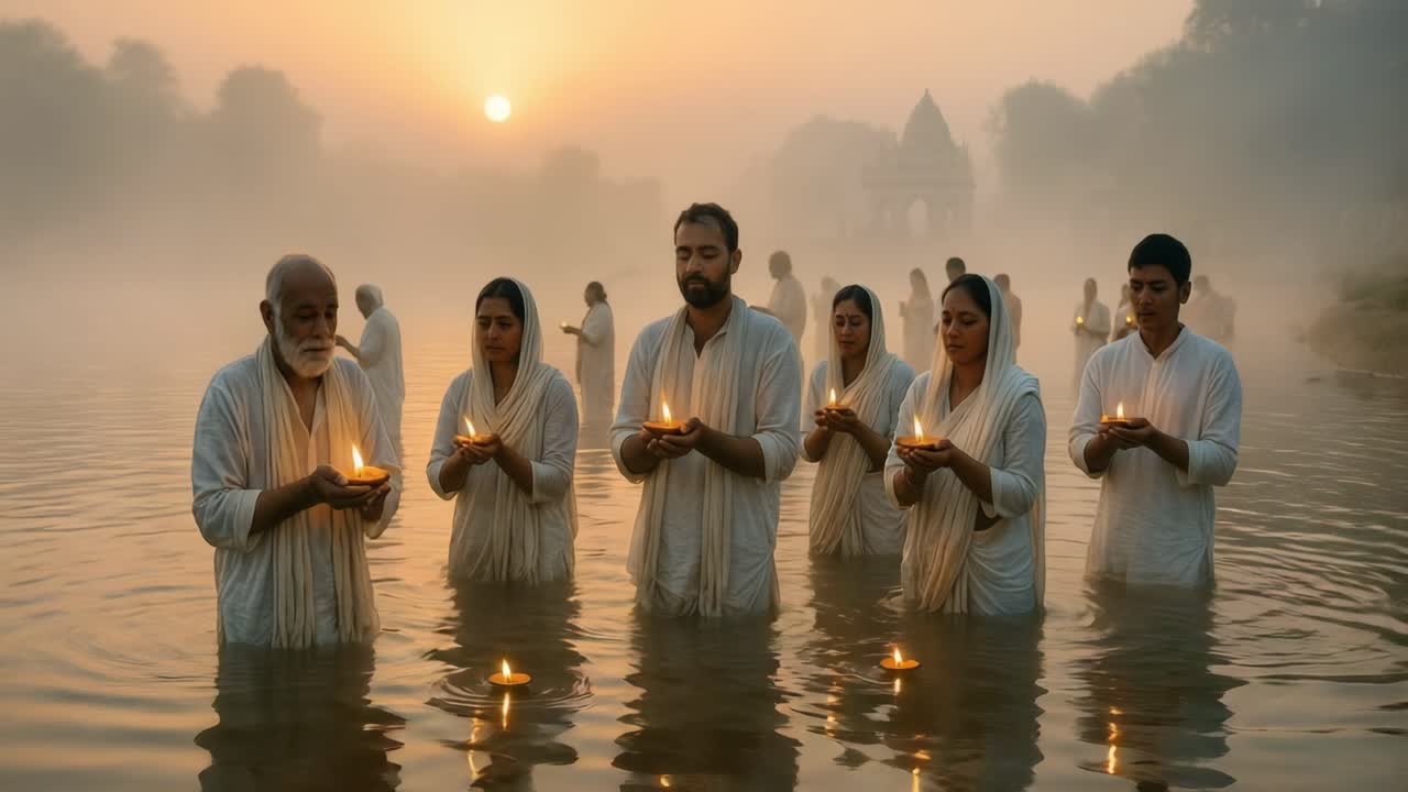 Individuals dressed in white, standing in water, holding candles, participate in a peaceful sunrise ceremony, evoking a sense of spirituality and community connection
