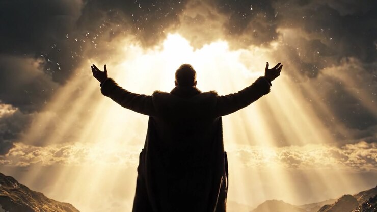 A Figure in Silhouette Embracing the Radiance of a Celestial Light Amidst Dramatic Clouds and Majestic Mountains During an Inspirational Moment.