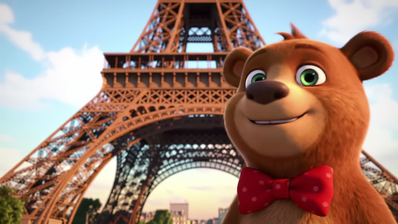 Un Encantador Oso Animado con Pajarita Disfruta de la Icónica Torre Eiffel al Fondo, Capturando un Momento de Deleite y Aventura