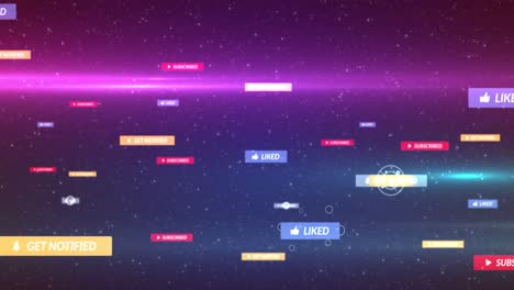 animation of cursors over social media icons and text on multi coloured banners on night sky