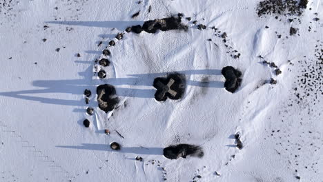 top down rotating view of stonehenge monument in winter time in iceland