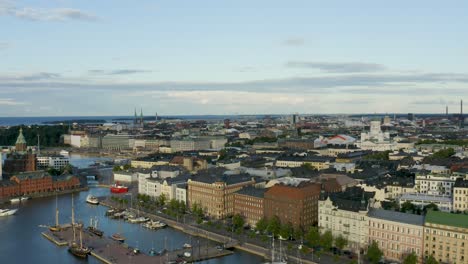 slow aerial pan of buildings and cathedral along helsinki waterfront at sunset, finland